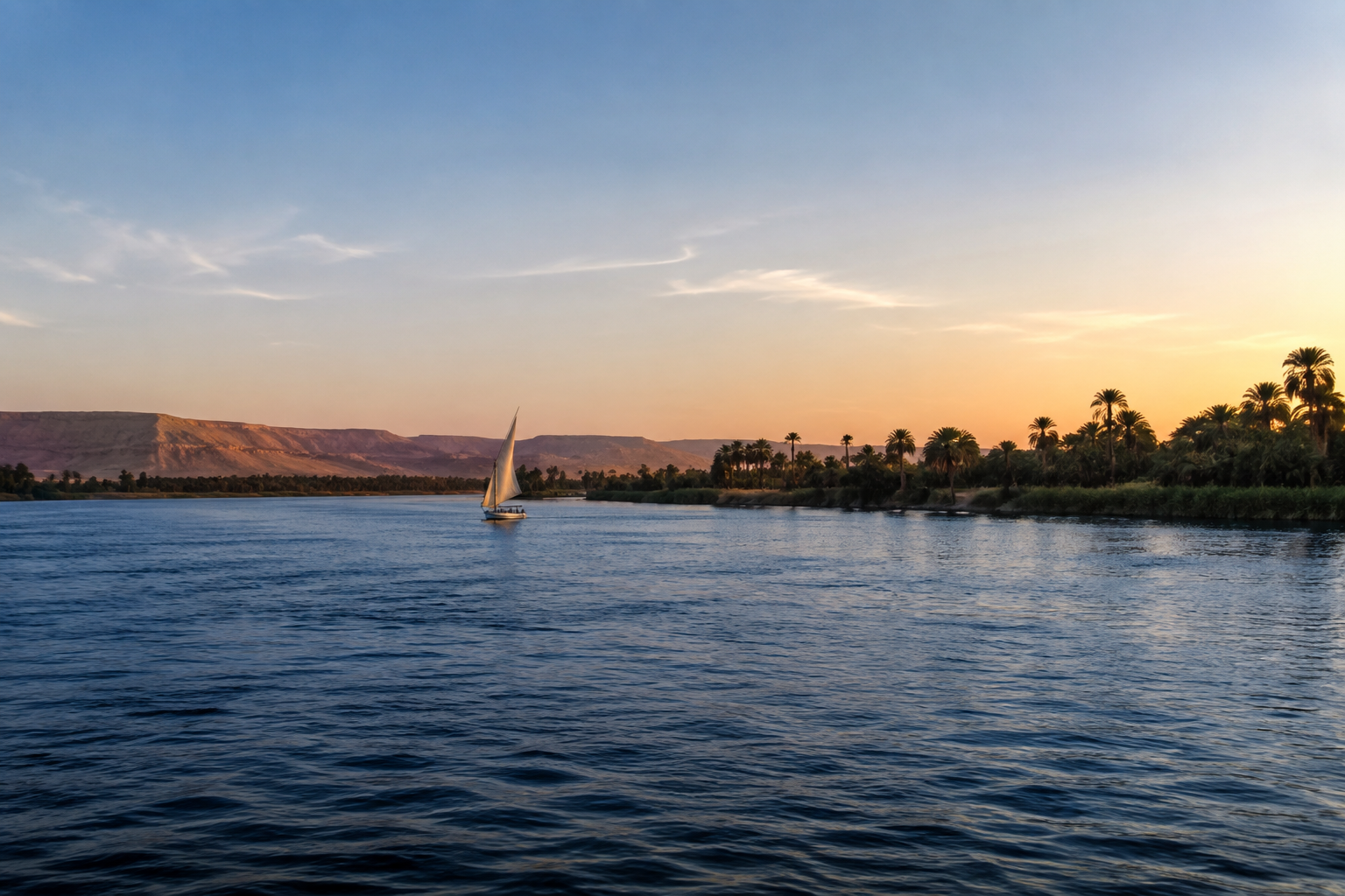 Illustration of a sailboat on the Nile at dusk, with palms along the riverbank